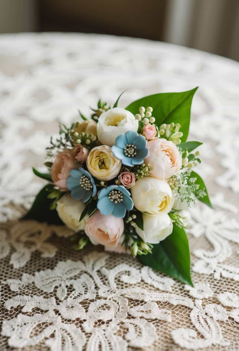 A delicate bridal bouquet of vintage floral studs, arranged on a lace tablecloth