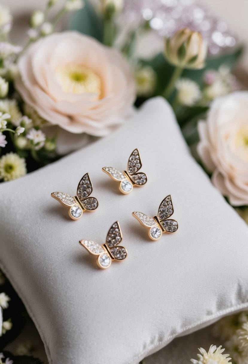 A close-up of Swarovski butterfly studs displayed on a white velvet cushion, surrounded by delicate floral arrangements