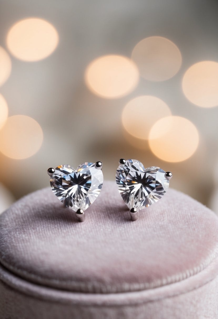 Two diamond heart studs displayed on a velvet cushion against a soft, blurred background