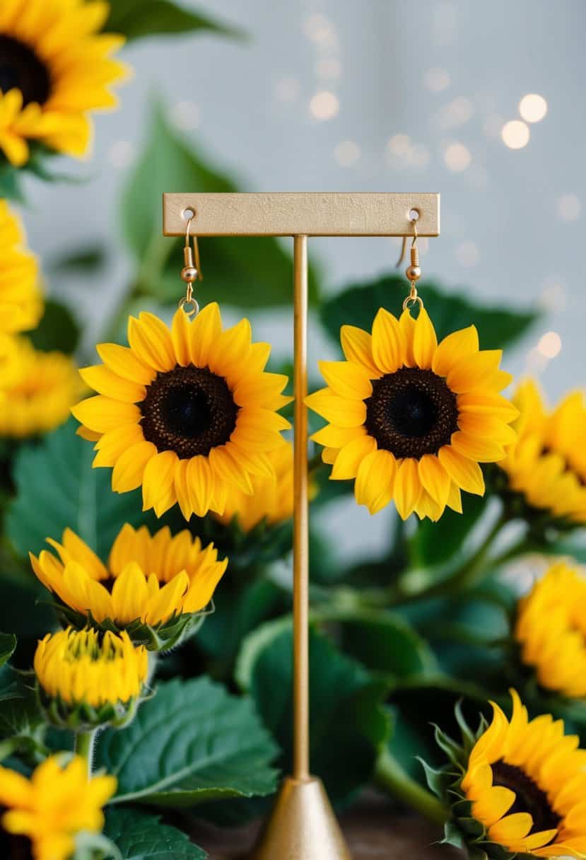 A pair of sunflower petal earrings dangle from a golden stand, surrounded by vibrant yellow flowers and green leaves