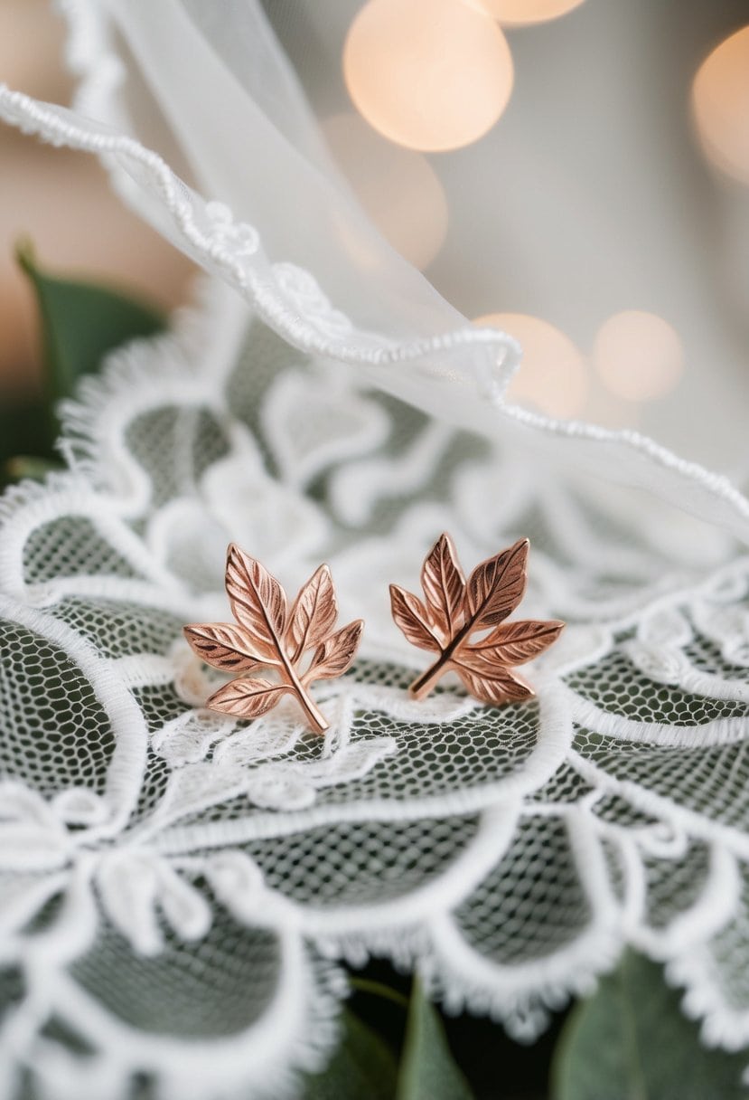 Two delicate rose gold leaf studs placed on a white lace bridal veil