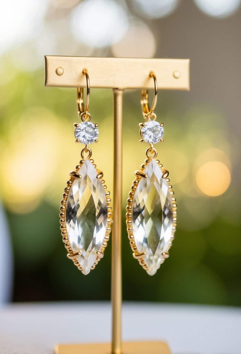 A pair of lemon quartz drop earrings hanging from a gold wedding earring display