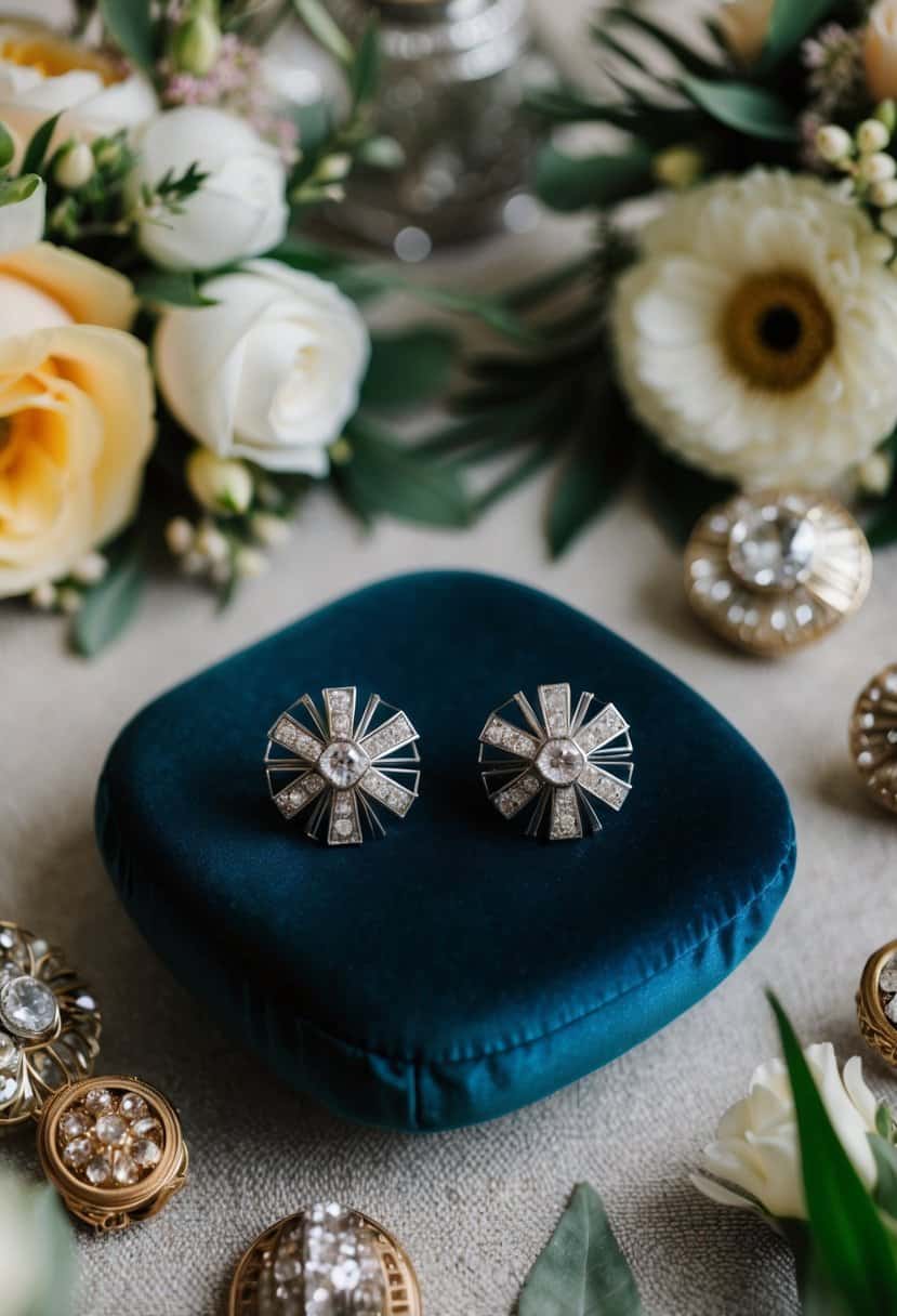 Two Art Deco studs on a velvet cushion, surrounded by vintage wedding accessories and elegant floral arrangements