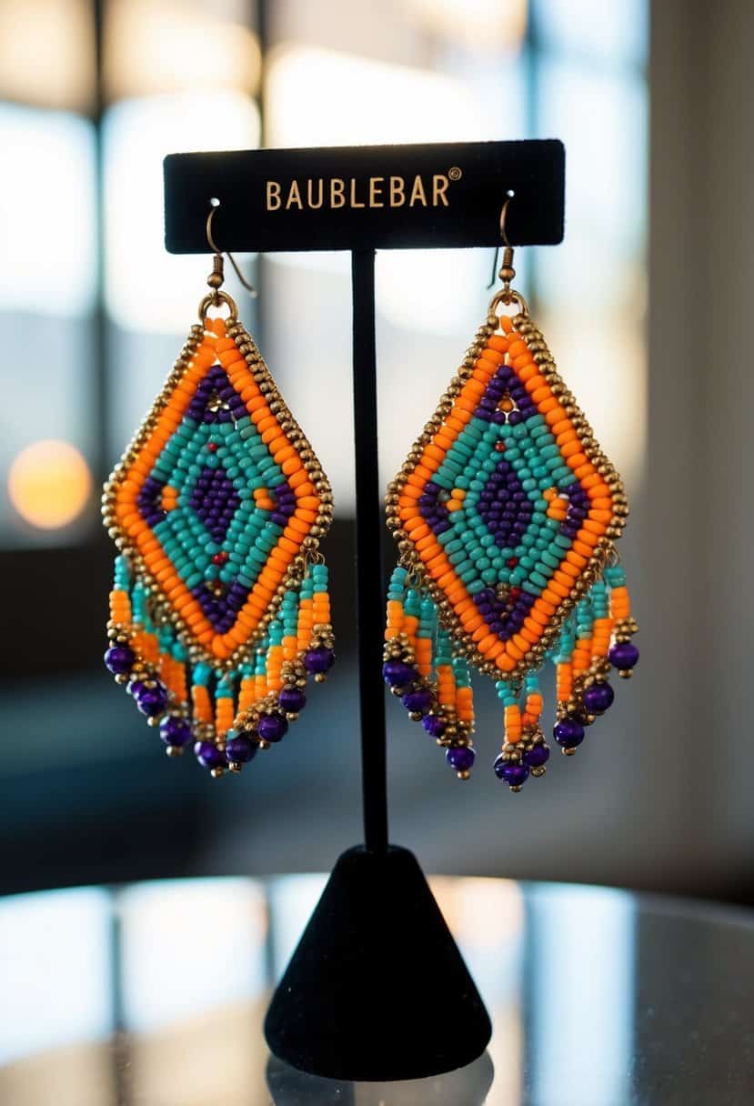 A pair of beaded statement earrings by BaubleBar, featuring intricate designs and vibrant colors, hanging elegantly from a display stand