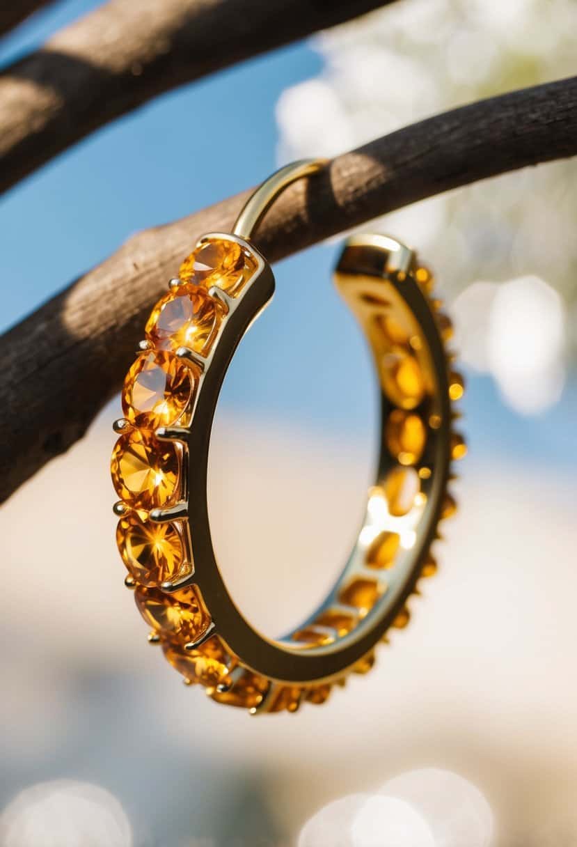 A golden hoop earring adorned with citrine gemstones glistens in the sunlight