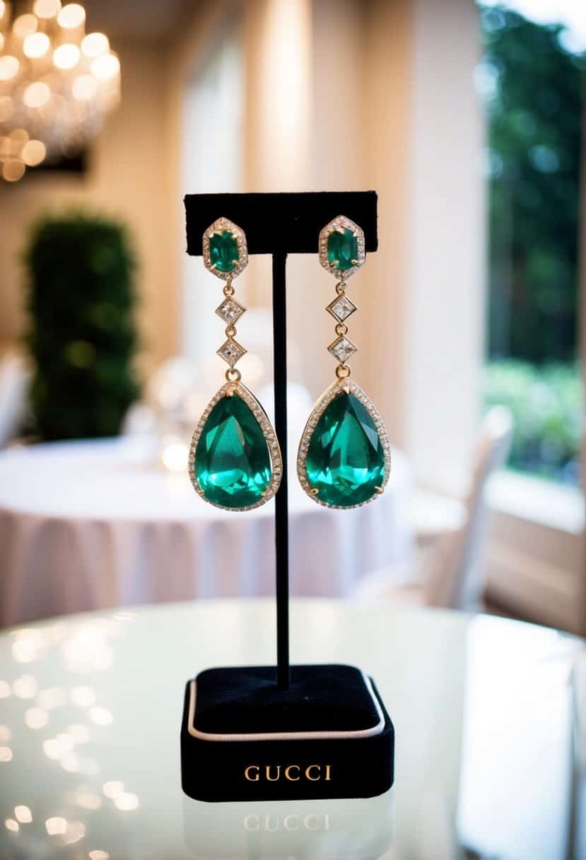 A sparkling pair of emerald drop earrings by Gucci, elegantly hanging from a display stand, catching the light in a luxurious bridal setting