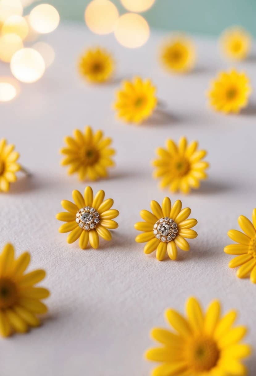 A close-up of yellow daisy-inspired stud earrings arranged on a soft, pastel background