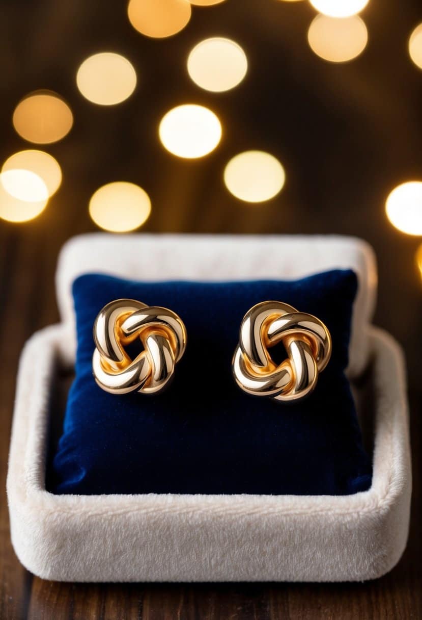 Two gold knot studs displayed on a velvet cushion with soft lighting