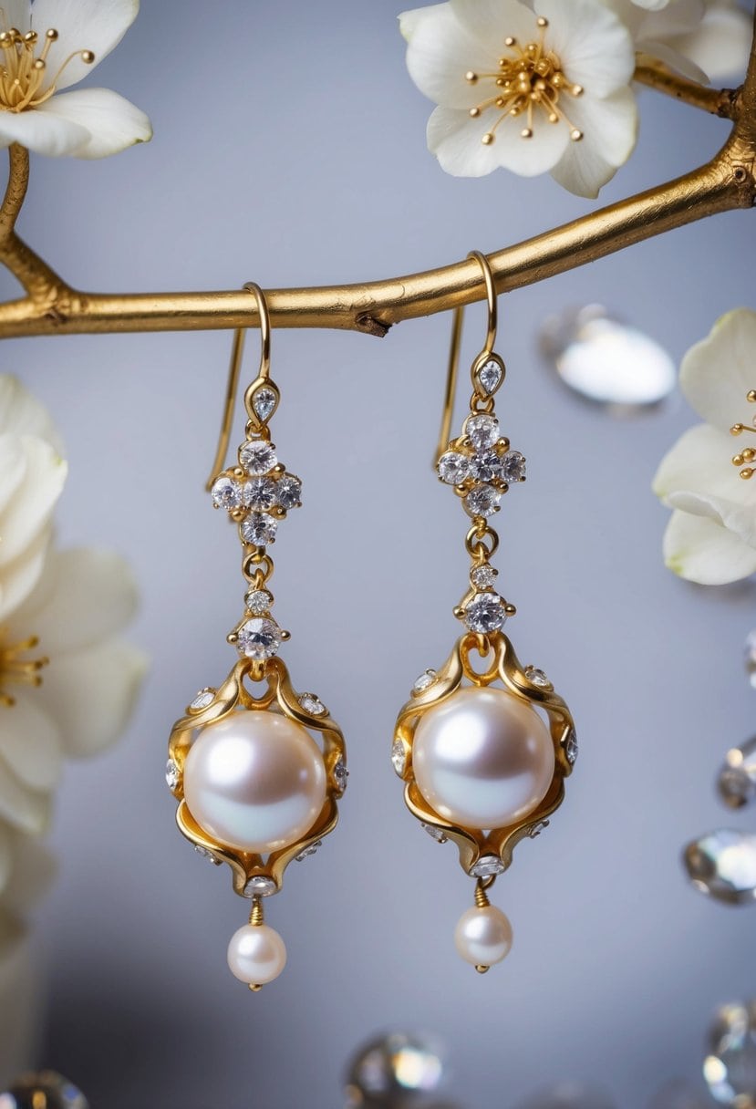 A pair of baroque pearl earrings dangle elegantly from a golden branch, surrounded by delicate floral details and sparkling gemstones