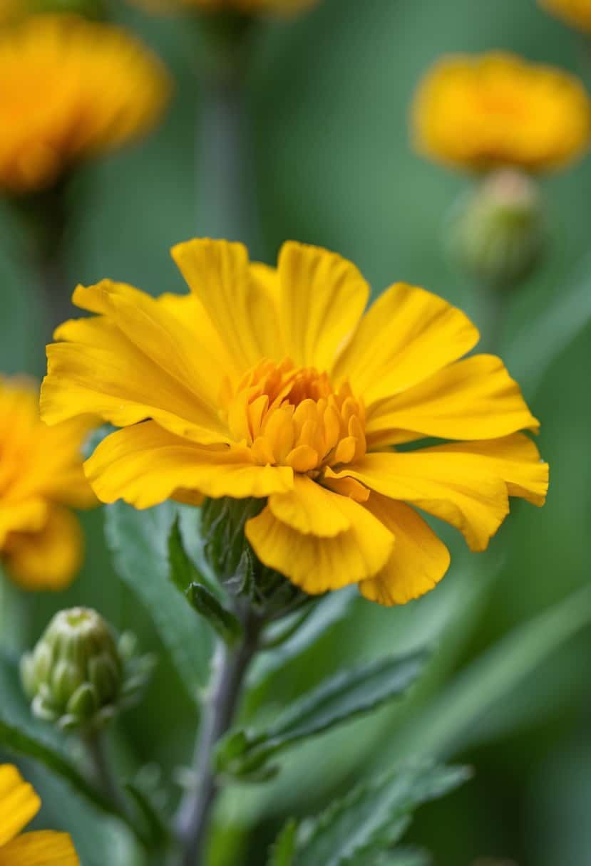 A close-up of a vibrant yellow marigold flower with delicate petals, set against a soft, blurred background