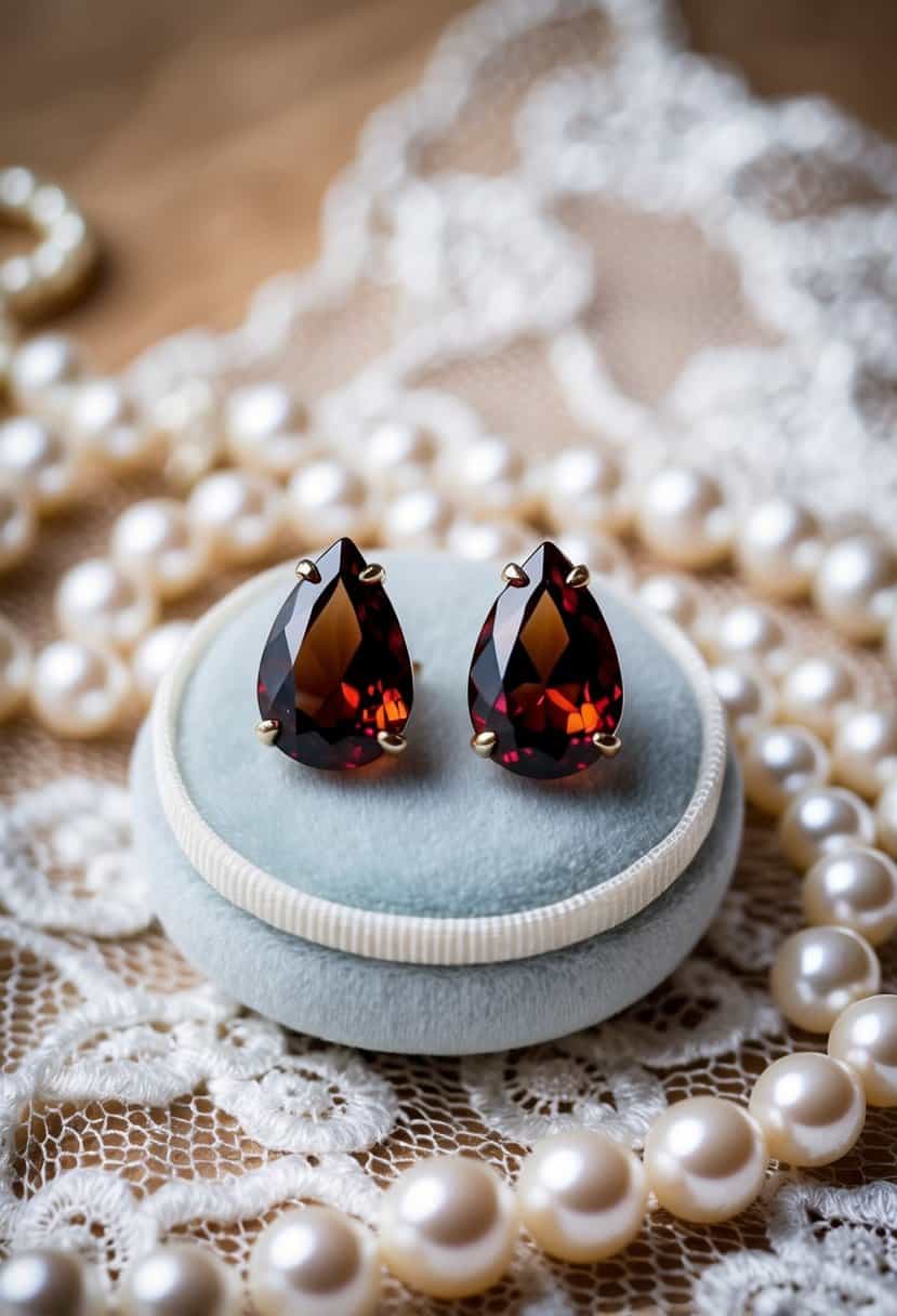 Two elegant teardrop-shaped garnet studs placed on a velvet cushion, surrounded by delicate lace and shimmering pearls