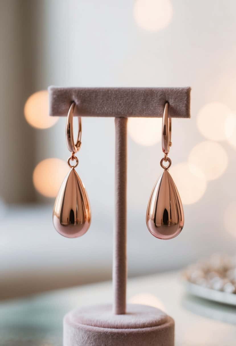 A pair of rose gold drop earrings by Gorjana, elegantly displayed on a velvet jewelry stand, with soft lighting illuminating the delicate details