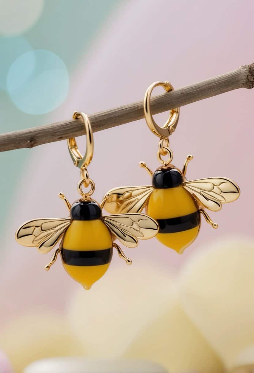 A close-up of two yellow honey bee dangler earrings against a soft, pastel-colored background