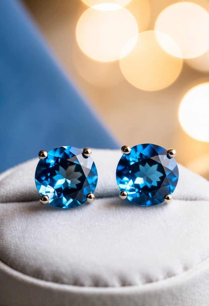 Two blue topaz studs on a white velvet cushion, with soft lighting highlighting their sparkle