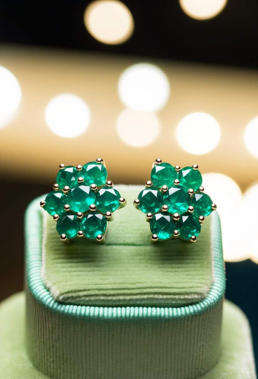 A close-up of emerald cluster stud earrings on a velvet display, with soft lighting to showcase the intricate details and vibrant green color