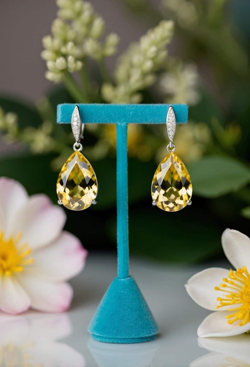 A pair of sparkling yellow topaz teardrop earrings displayed on a velvet jewelry stand, surrounded by delicate floral accents