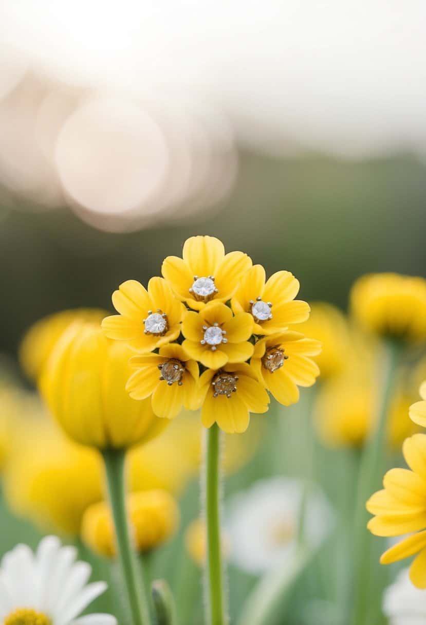 A close-up of yellow buttercup cluster studs against a soft, blurred background, evoking a romantic and elegant wedding atmosphere