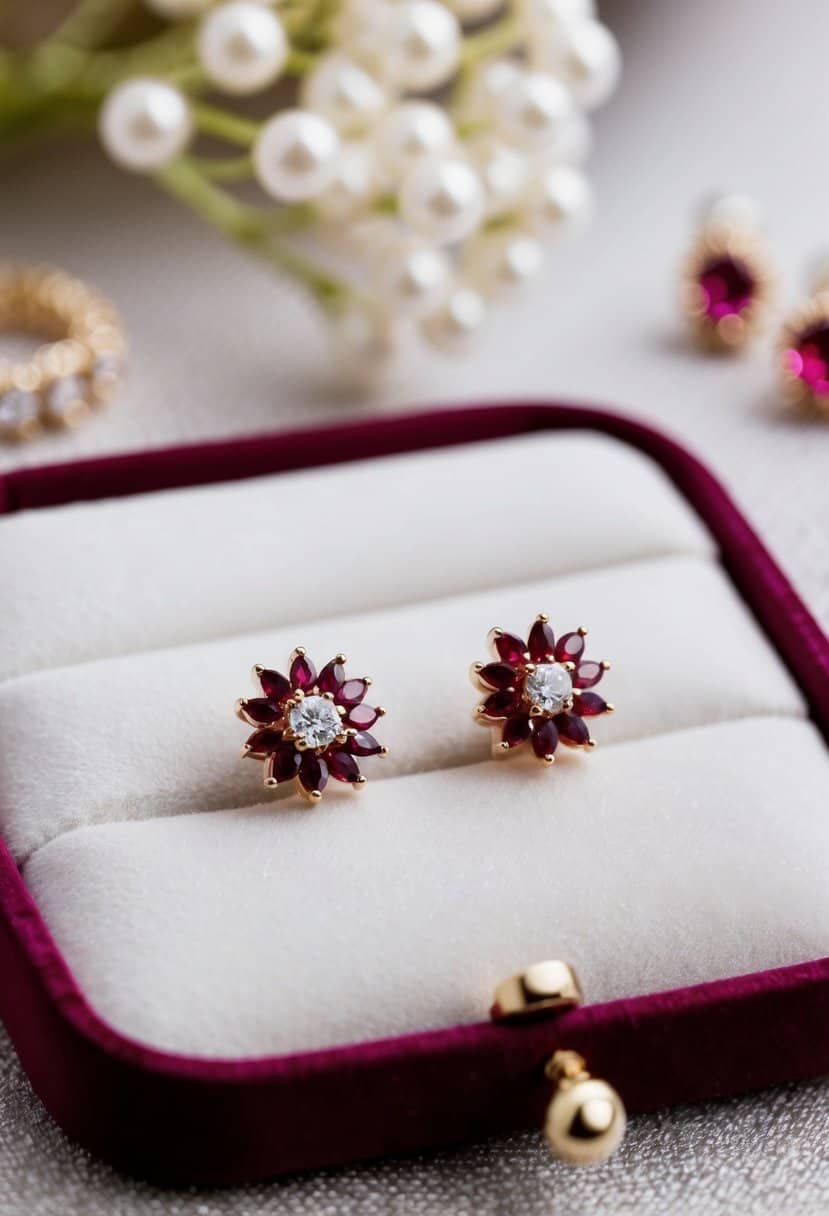 Two ruby burst studs arranged on a velvet jewelry tray with other wedding earring ideas