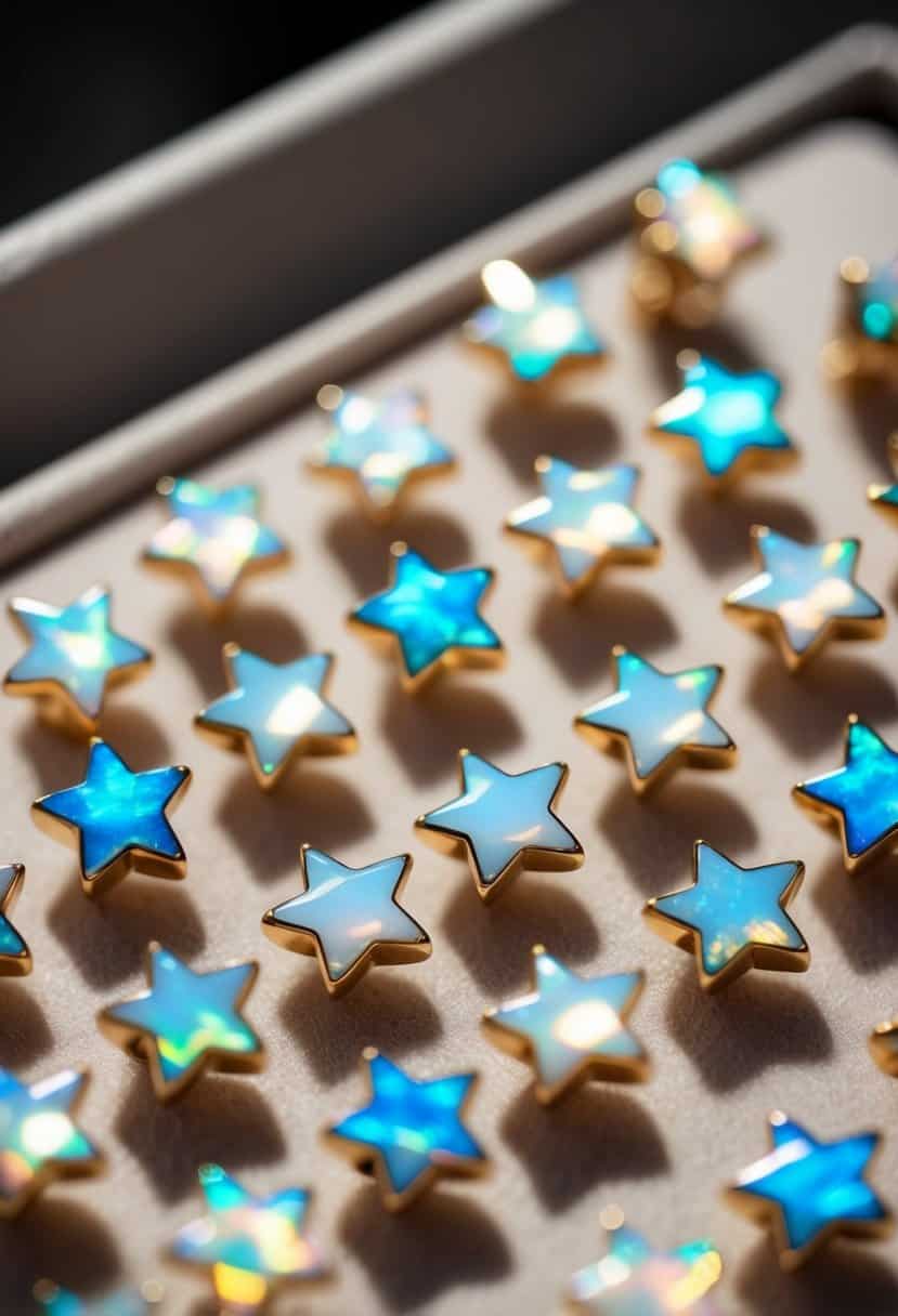 A close-up of opal star studs arranged on a velvet display, with soft lighting to highlight their iridescent colors