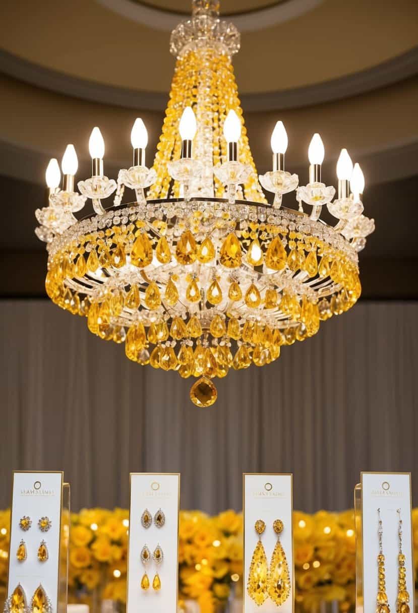 A luxurious chandelier adorned with sparkling yellow sapphire gemstones, casting a warm and elegant glow over a bridal display of yellow wedding earring ideas