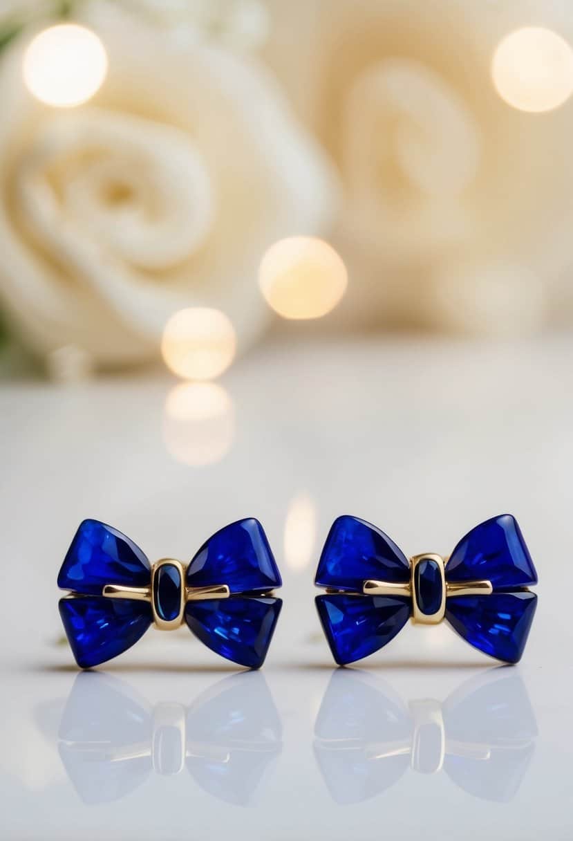 A close-up of sapphire bow studs against a soft, elegant background