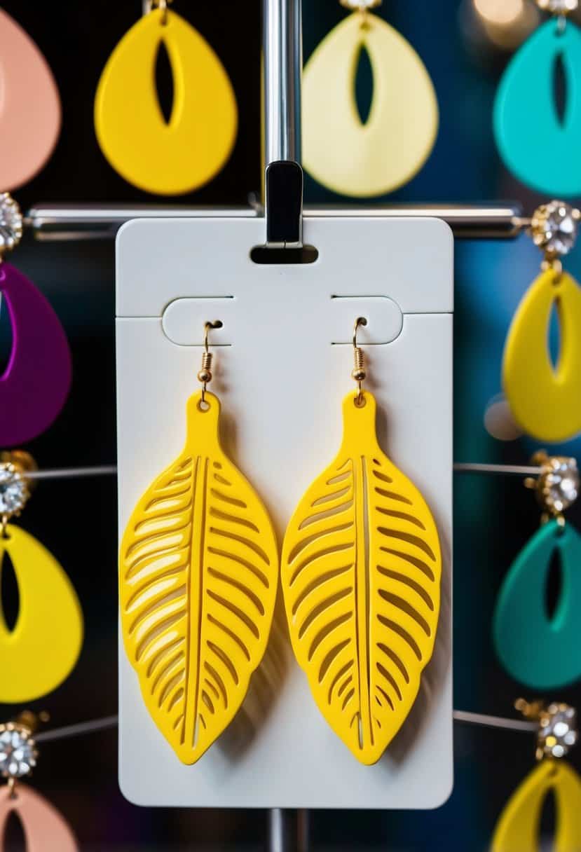 A pair of bright yellow banana leaf motif earrings hanging from a display, surrounded by other colorful wedding earring ideas