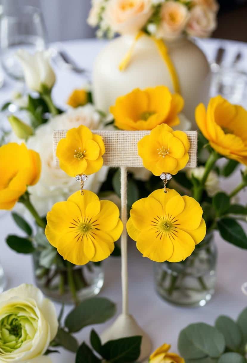 A table adorned with yellow primrose dangle earrings, surrounded by wedding decor and flowers