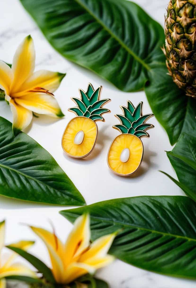 Two pineapple slice studs arranged on a white surface, surrounded by tropical leaves and flowers