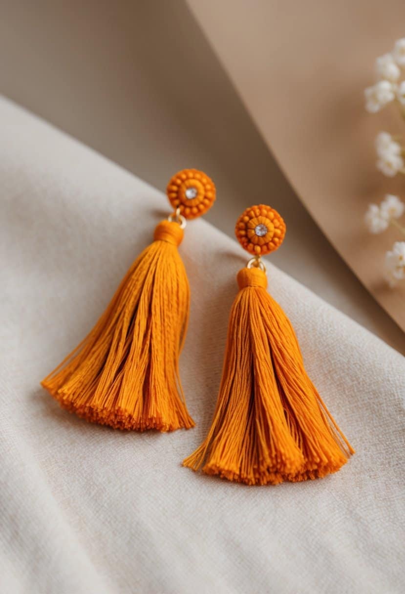 A close-up of vibrant turmeric tassel earrings against a soft, neutral background, showcasing their intricate design and elegant appeal