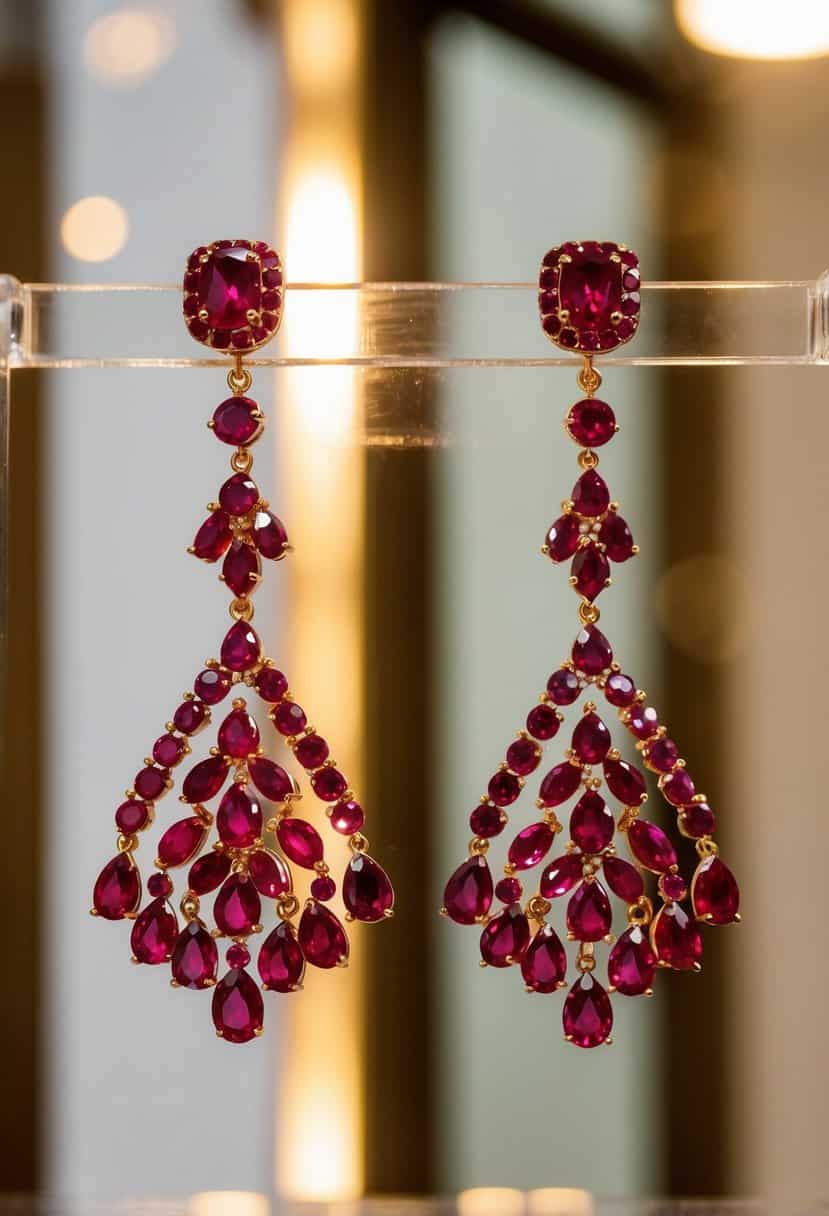 A pair of ruby chandelier drop earrings hanging from a display, catching the light and casting a warm red glow