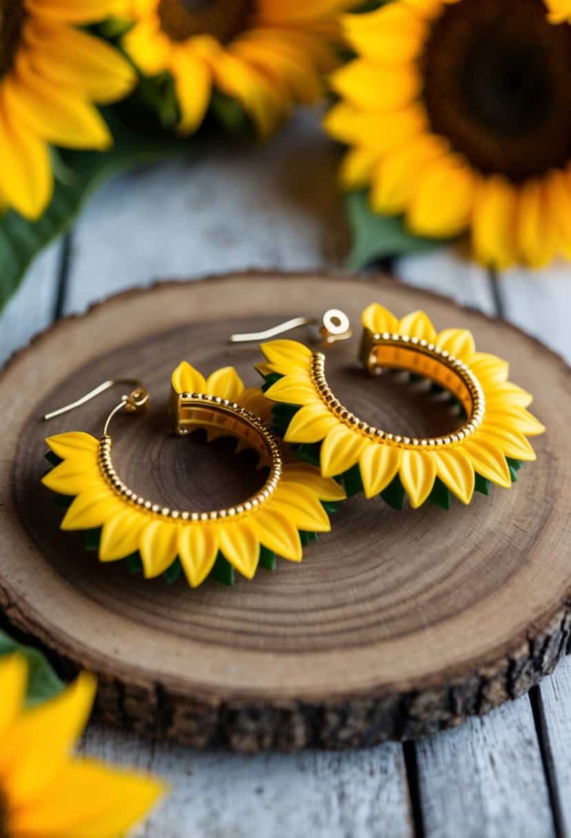 A pair of golden sunflower hoop earrings displayed on a rustic wooden table, surrounded by vibrant yellow sunflowers and soft natural lighting