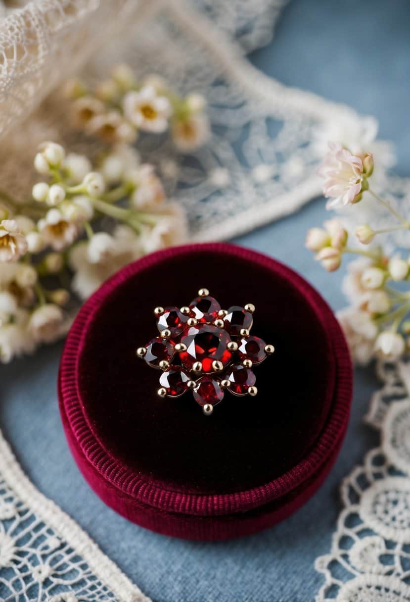 A close-up of red garnet cluster studs on a velvet cushion, surrounded by delicate lace and floral details