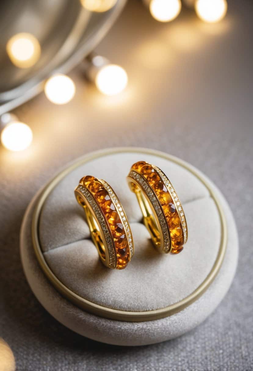 A pair of yellow Amber Pave Sliding Earrings displayed on a velvet cushion with soft lighting