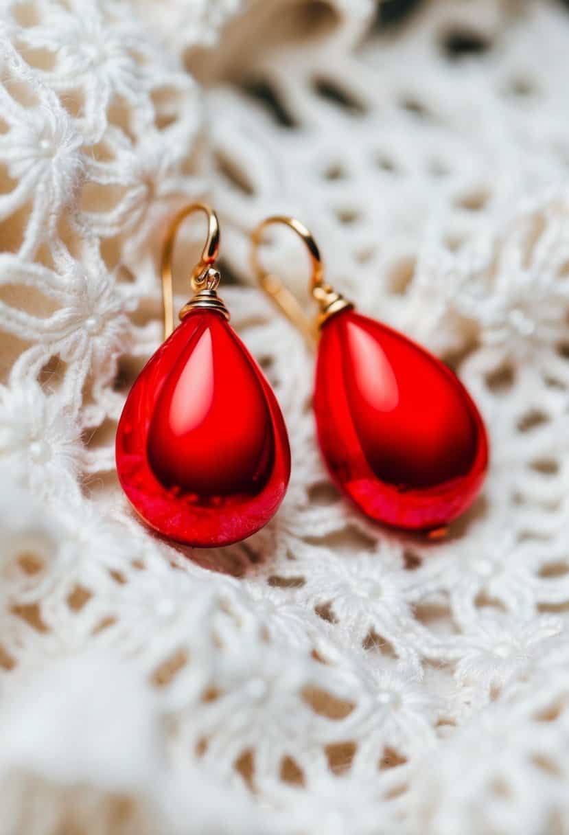 A close-up of vibrant red teardrop earrings against a soft, white lace background