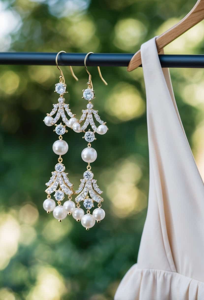 A pair of chandelier earrings with pearl accents hanging elegantly next to a v-neck dress