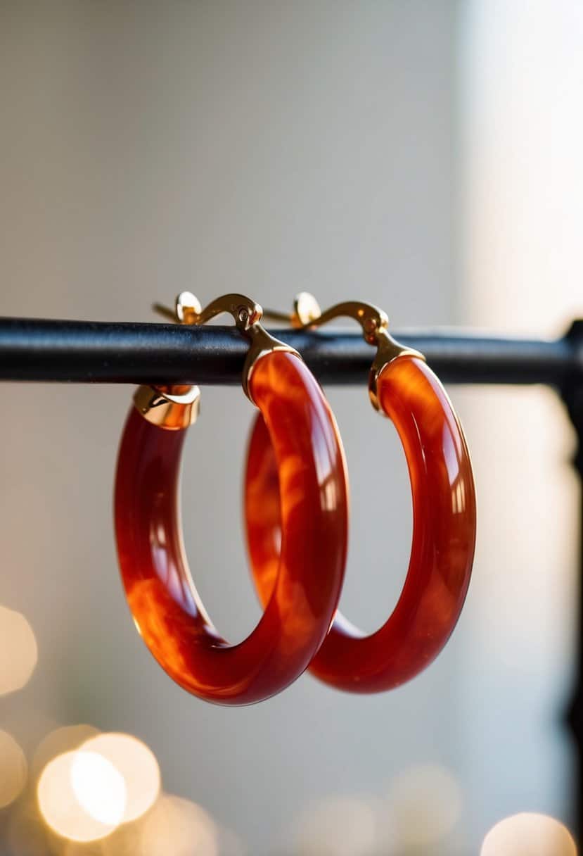 A close-up of a pair of vibrant carnelian hoop earrings, catching the light with their rich red color, against a soft, elegant background