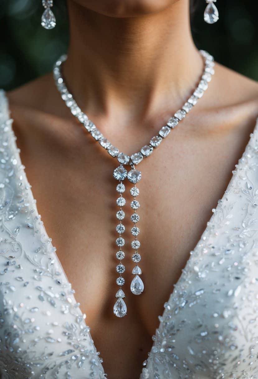 A sparkling pair of crystal drop earrings dangle elegantly against the backdrop of a deep v-neck dress, catching the light and adding a touch of glamour to the wedding ensemble