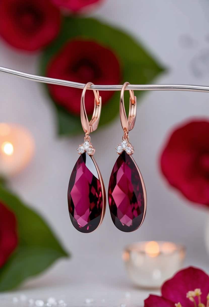 A pair of cherry quartz dangle earrings, set against a romantic wedding backdrop with red accents and floral elements