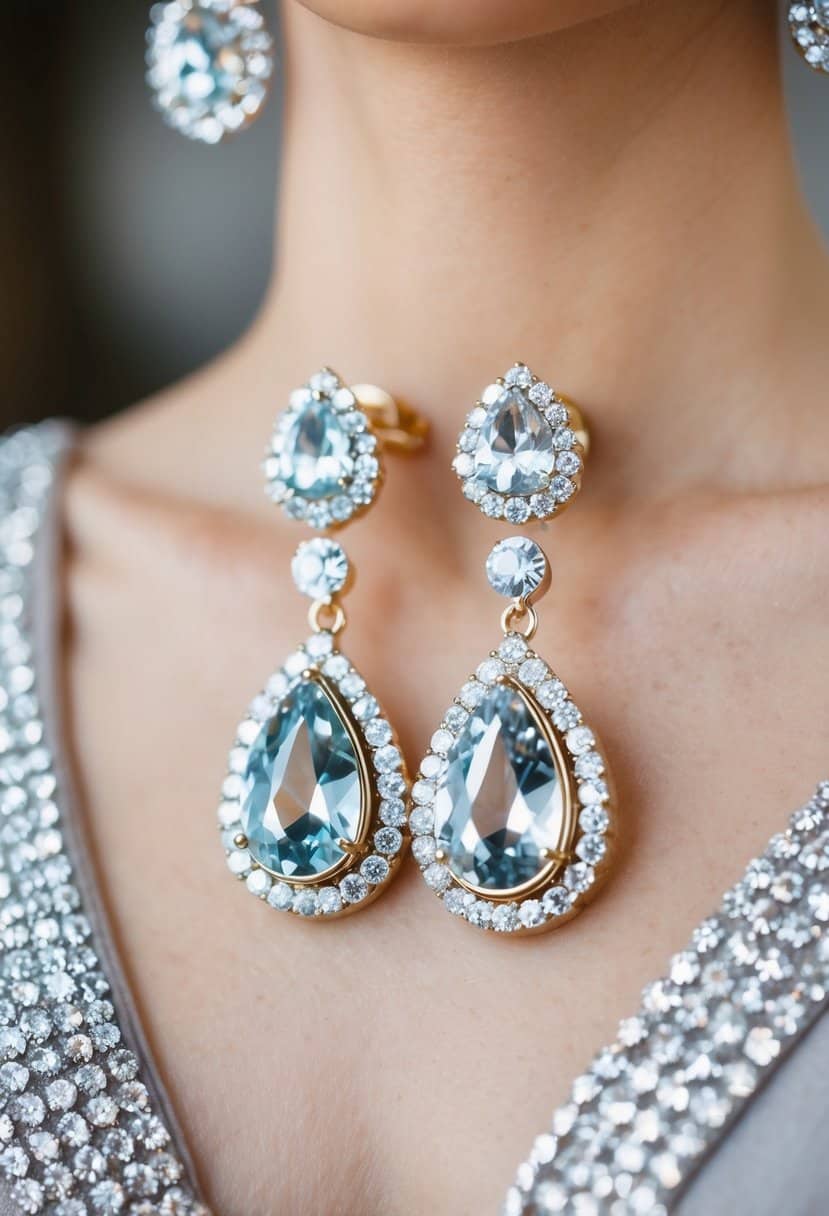 Teardrop rhinestone earrings paired with a v-neck dress, elegant and sparkling