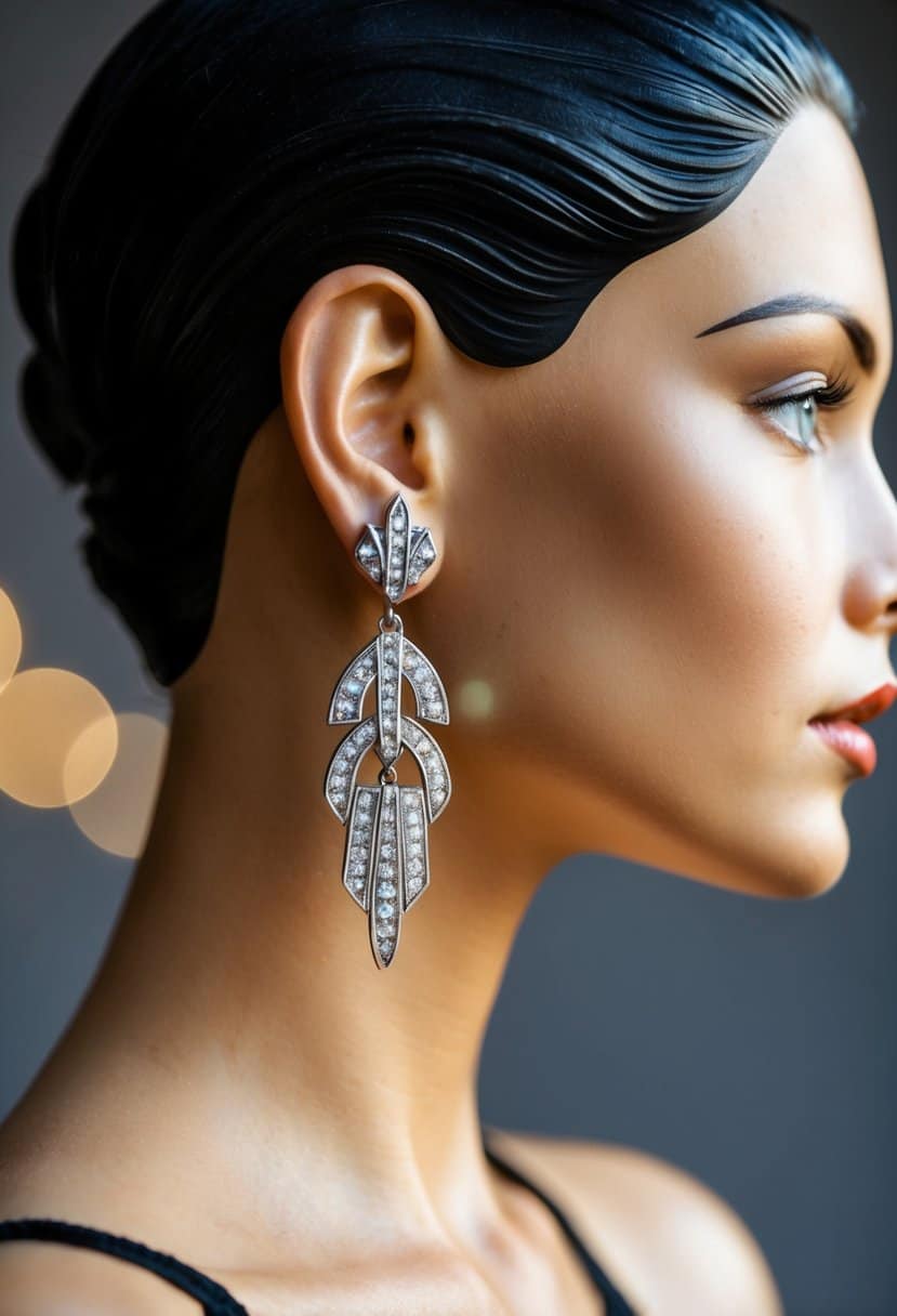 A pair of vintage Art Deco stud earrings adorns the ear of a figure wearing a v-neck dress, exuding elegance and sophistication