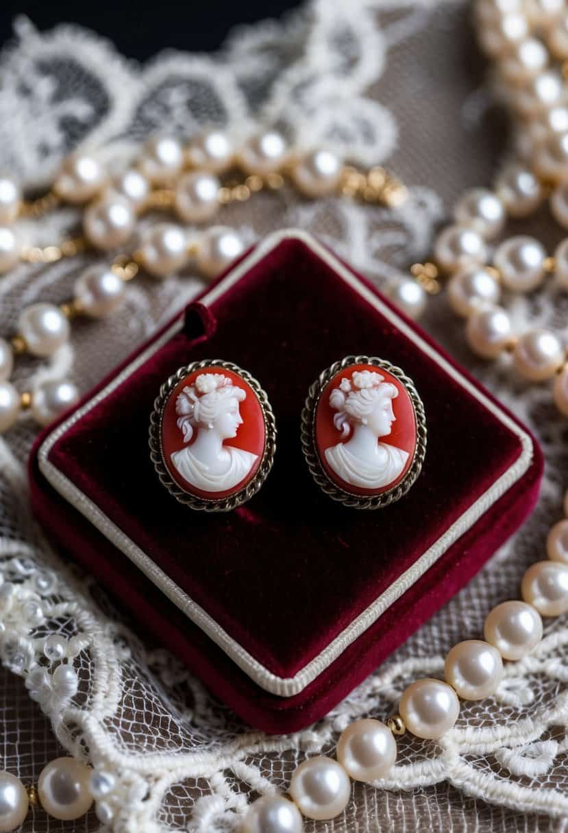 A pair of red coral cameo studs displayed on a velvet cushion, surrounded by delicate lace and shimmering pearls