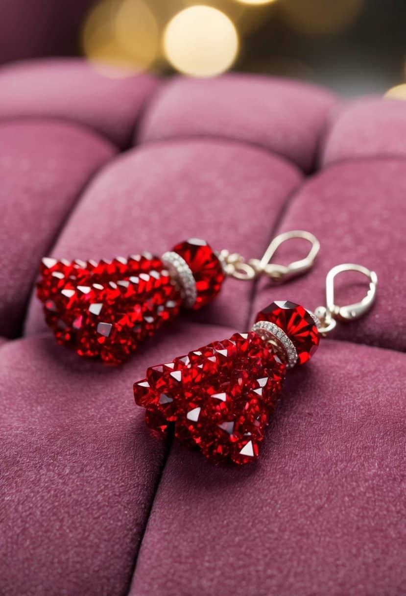 A close-up of red crystal tassel earrings on a velvet background, with soft lighting to highlight their sparkle and elegance