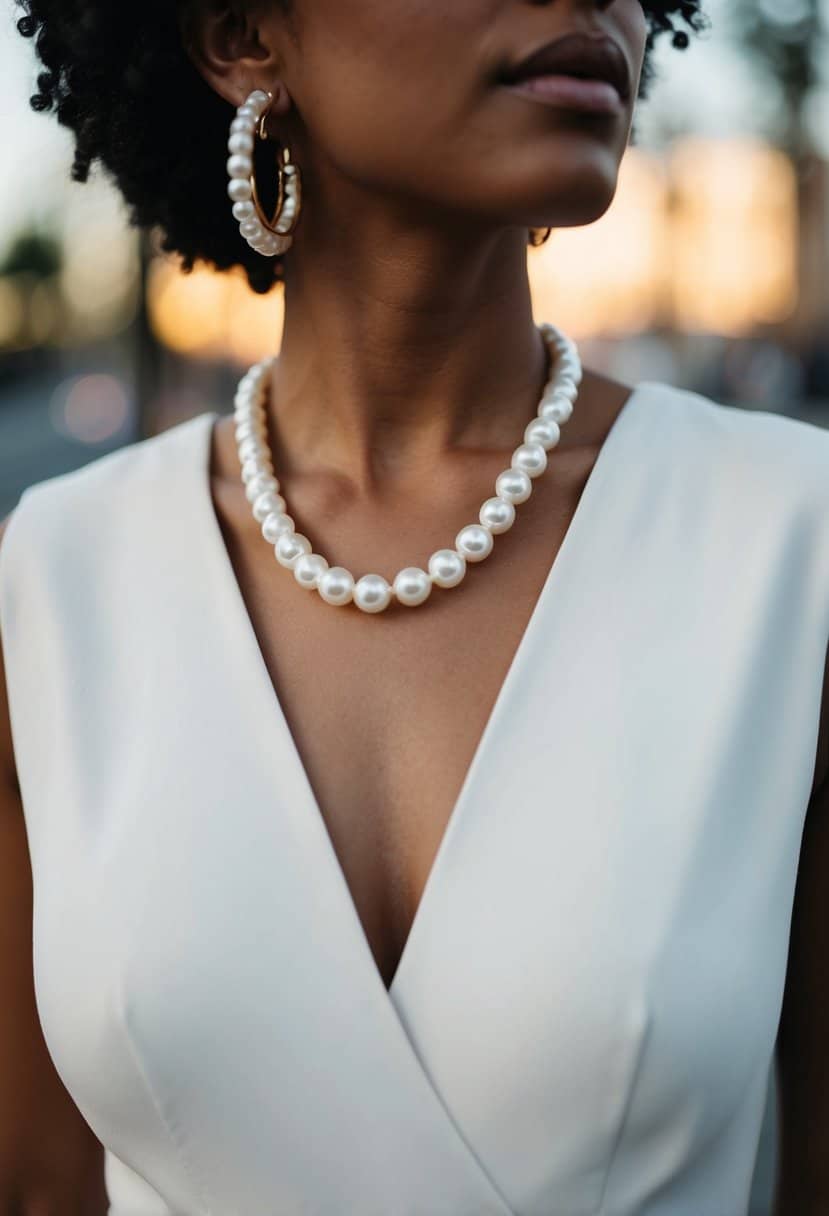 A v-neck dress with pearl and gold hoop earrings