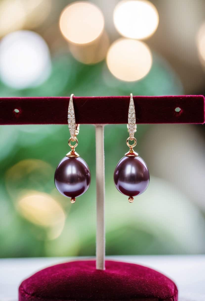 A pair of maroon pearl drop earrings displayed on a velvet cushion with soft lighting