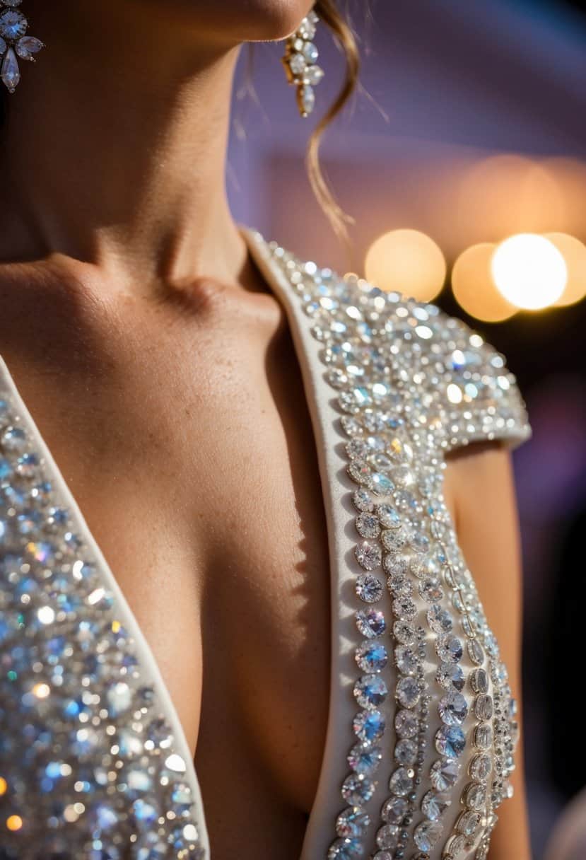 A pair of Swarovski crystal studs glistening against a deep v-neck dress, catching the light at a romantic wedding reception