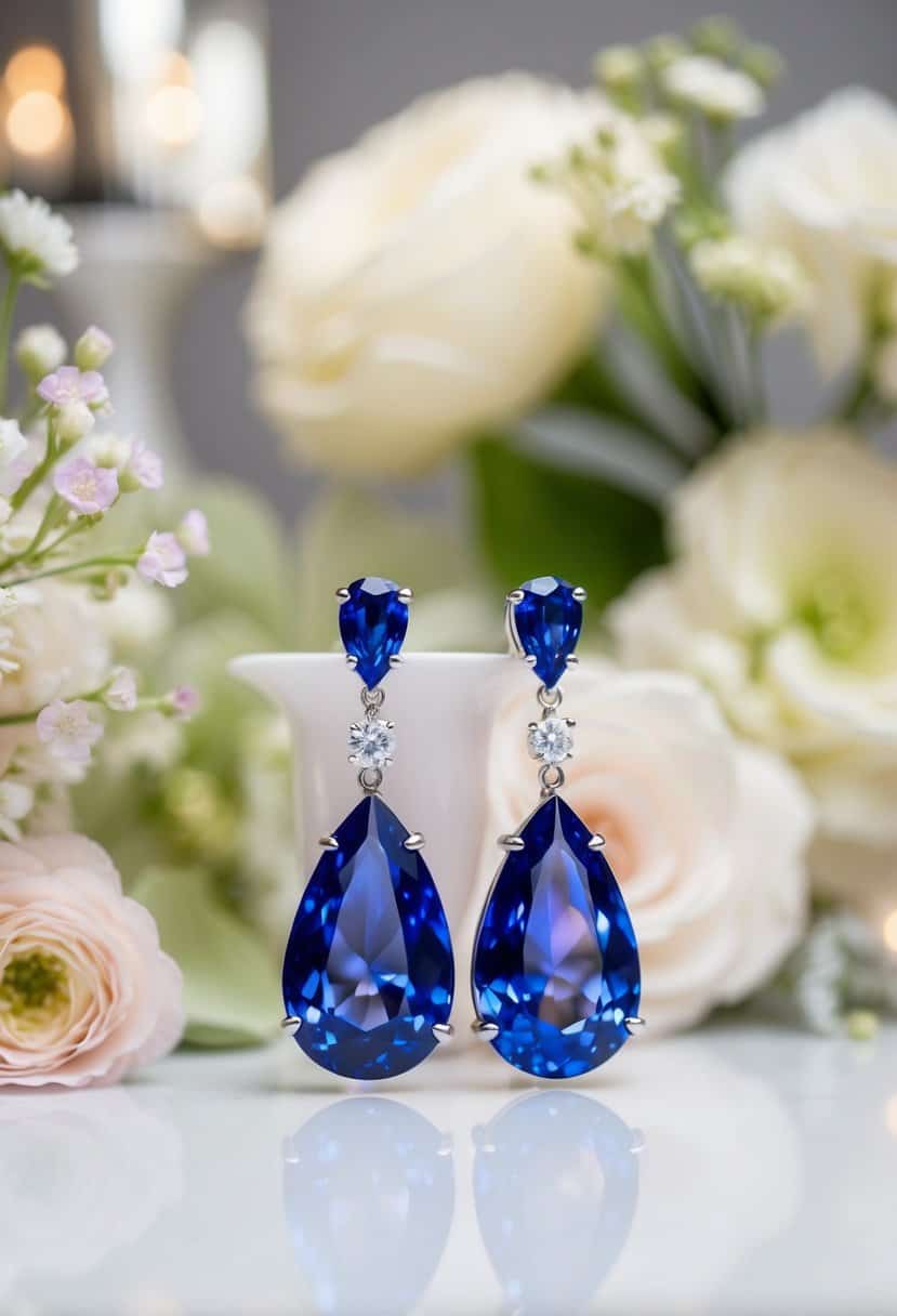 A pair of sapphire teardrop earrings gleam under soft lighting, surrounded by delicate floral arrangements and elegant wedding decor