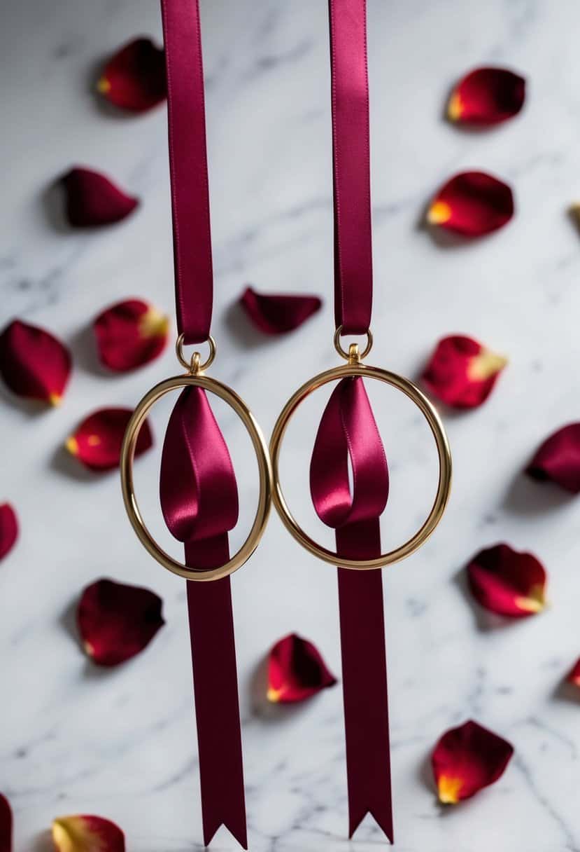 Two burgundy ribbon hoops dangle from a white surface, surrounded by scattered red rose petals