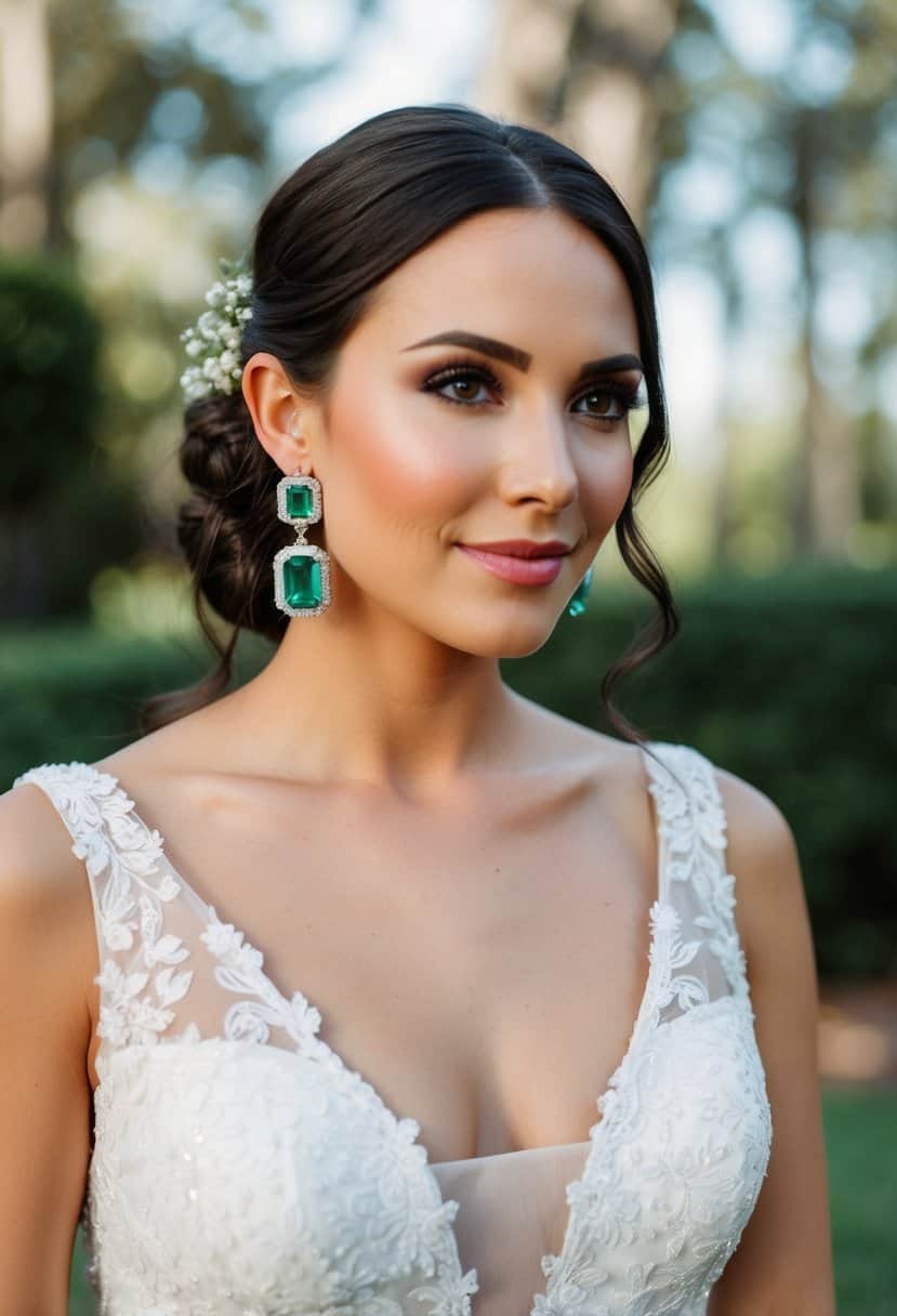 A bride wearing a v-neck dress, showcasing emerald-cut halo drop earrings