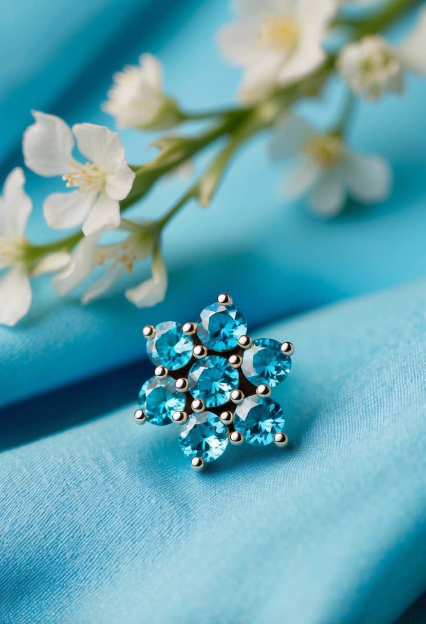 A close-up of aquamarine cluster studs against a backdrop of soft blue fabric and delicate floral accents