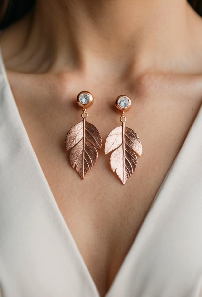 A pair of rose gold leaf earrings dangling against the backdrop of a v-neck dress